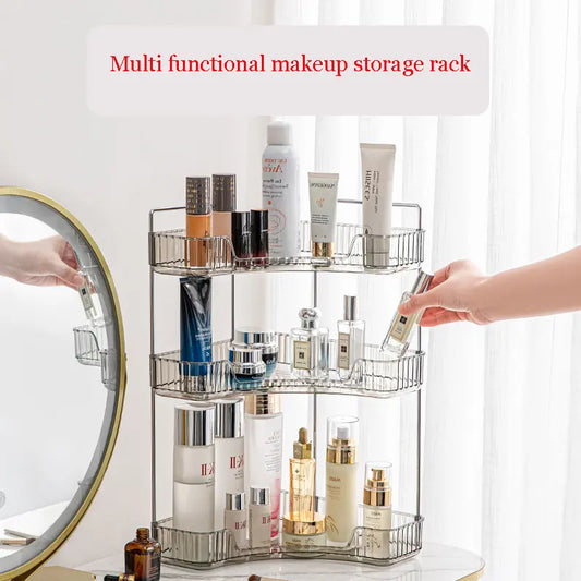 3-Tier Plastic-Metal Corner Bathroom Counter Organizer - Bathroom Organizing Accessories for Vanity, Kitchen Spice Storage, Cosmetics, with Quick Access Shelves & Easy Smooth Dry Cloth Wipe Cleaning