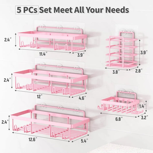 Sohochic Blush Pink 5-Piece Self-Adhesive Rust-Resistant Stainless Steel Shower Organizer Set - No-Drilling Bathroom Storage Rack for Renters, Halloween-Ready, Easy Installation with Shampoo & Body Wash Basket