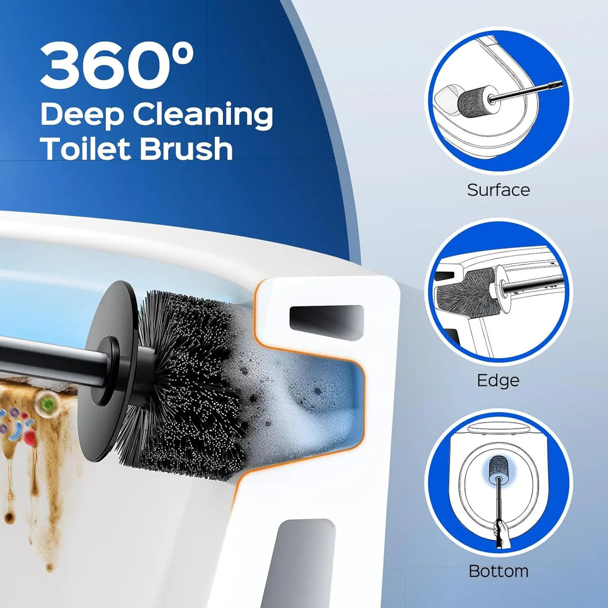 Toilet Bowl Brush Set: Compact Space-Saving Design with Hidden Holder for Small Bathrooms, Apartments & RVs - Bathroom Cleaning Accessories - Rustproof Toilet Scrubber Cleaner Kits Silver