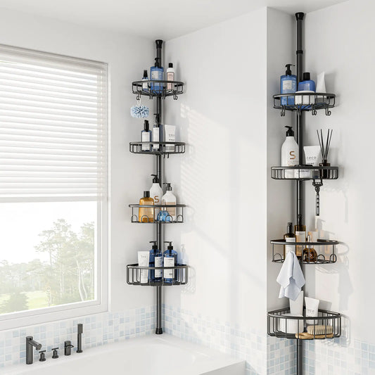 4 Tier Adjustable Corner Shower Caddy – Stainless Steel Rustproof Bathroom Organizer, No-Drill Tension Pole (47-121 Inch), Heavy-Duty Shelves & Hooks for Shampoo, Loofah, Bathtub Shampoo Storage – Quick Assembly, Black Rack