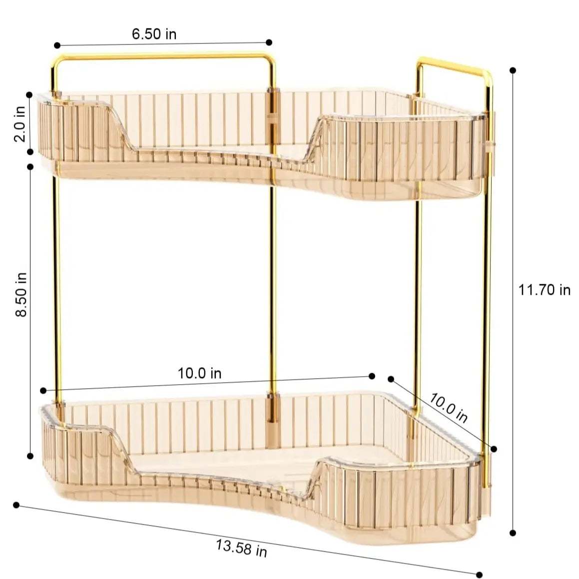 2-Tier Eco-Friendly Plastic Corner Bathroom Counter Organizer with Gold Metal Pole - 13 in Waterproof Bathroom Gadgets, Makeup Storage, Slip-Safe Vanity Tray, French Country Style Sink Holder