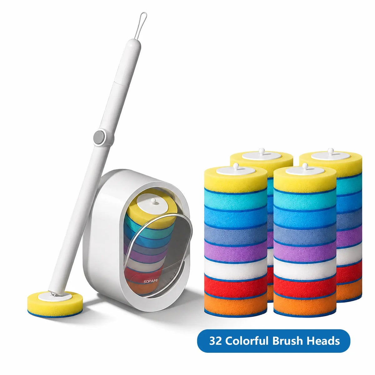 SOPAMI Disposable Toilet Scrubber Brush Kit - 1 Handle + 32 Refill Heads (16 Option Available), No-Touch Rotating Scrubber, Self-Clean Pad, Holder, Toilet Cleaning System for Under-Rim & Corners, Ideal for Busy Home Bathrooms,sohochic