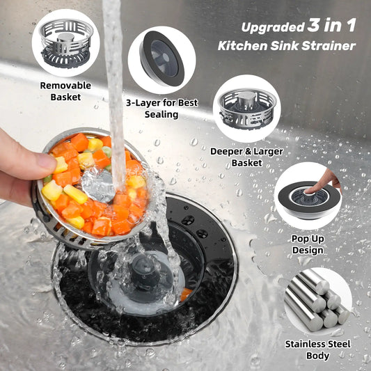 Hibbent Upgraded 3 in 1 Kitchen Sink Drain Strainer, Stainless Steel Pop Up Sink Stopper, Larger Anti-Clogging Basket, 3-Layer Seal, Detachable Drain Plug for US Standard 3-1/2" Drain, Matte Black, Fast Drains, Larger Basket