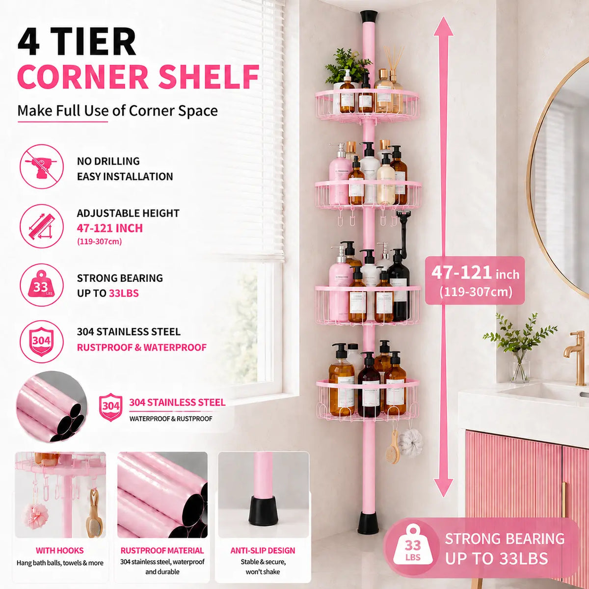 4 Tier Adjustable Corner Shower Caddy – Stainless Steel Rustproof Bathroom Organizer, No-Drill Tension Pole (47-121 Inch), Heavy-Duty Shelves & Hooks for Shampoo, Loofah, Bathtub Shampoo Storage – Quick Assembly, Black Rack