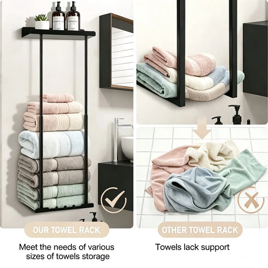 Bathroom Towel Storage Rack Wall Mounted 30 inch with Shelf Holds 6 Large Towels Black Rust Proof Durable Metal Pole for Spas Salons and Bathrooms,sohochic