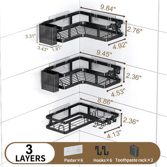 Modern L-Shape Black Stainless Steel Corner Shower Organizer Set - 5-Piece Wall-Mount Bathroom Shelves & Accessories, No-Drill 3-Tiered Racks with Hooks & Toothbrush Holder, Anti-Rust Coating, 40lb Capacity Bathroom Necessities
