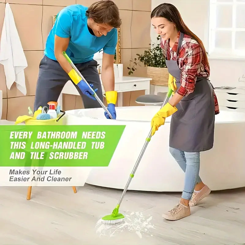 1set Long Handle Shower Cleaning Brush, 2-In-1 Extendable Bathtub and Tile Floor Mop, 3 Sponge Heads & Hard Bristles, Bathroom Kitchen Cleaner Tool, Bathroom Accessory, Multipurpose Brush, Bathroom Scrubber