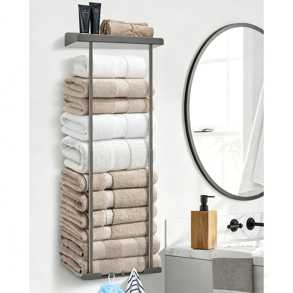Bathroom Towel Storage Rack Wall Mounted 30 inch with Shelf Holds 6 Large Towels Black Rust Proof Durable Metal Pole for Spas Salons and Bathrooms,sohochic