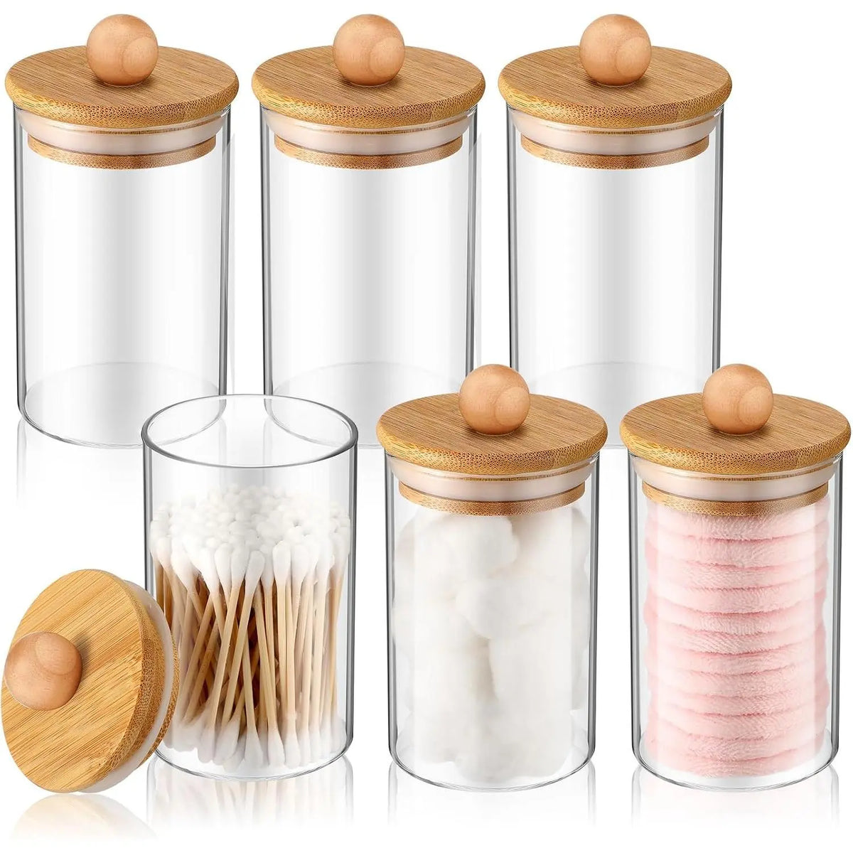 6 Pack Glass Jars with Bathroom Accessories Balls Pads Swabs Holder Jar Bathroom Canisters for Accessories Storage