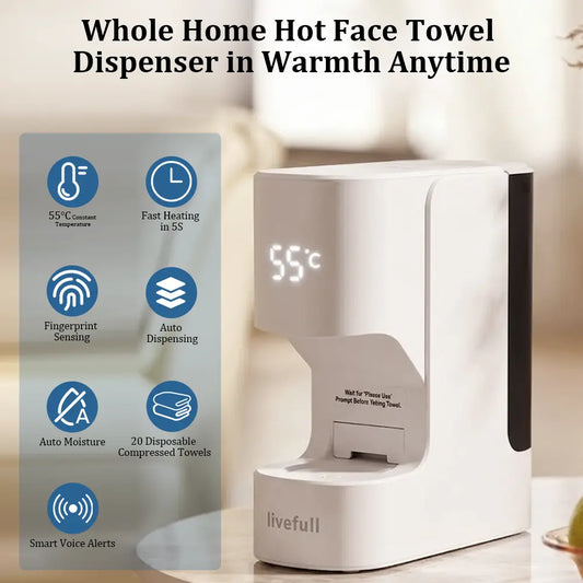 LiveFull CL01 Smart Hot Face Towel Warmer Machine, 5-Second Fast Heating, 55°C Heating System, Auto Dispensing Design, Includes 20 PCS Compressed Towels, Luxury Home Spa,sohochic