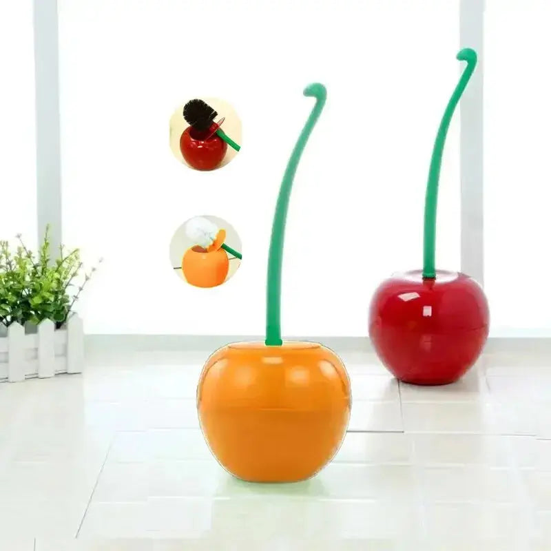 Red Lovely Cherry Lavatory Toilet Brush Holder Set - 1Pc, Thick Head, Anti-Slip Return Handle, 38x13 cm, Wine Red/Orange, 200g