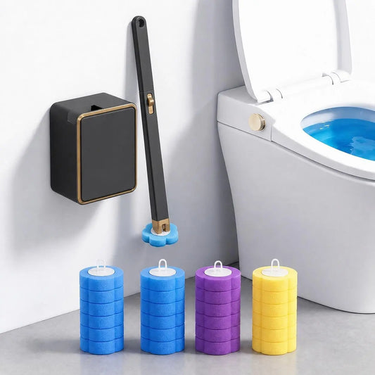 Wall-Mount Durable Toilet Brush & Plunger Set, Square Gold-Rim Black Disposable Plastic System, Compact ABS Wand with Magnetic Clamp, 24 Scented Refill Heads (Auto Flip White, Earless Gold Rim White, Long Handle for Children) for Modern Home Bathrooms, El