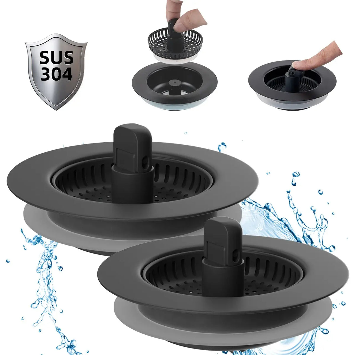 Hibbent 3-in-1: Fill, Strain, Seal Rust-Resist 304 Stainless Steel Kitchen Sink Strainer Stopper Combo - Responsive Spring Action, Pop-Up Handle, 2.76"-3.38" Width, Depth>1.8", Anti-Clogging Filter for US Standard 3-1/2" Drains Kitchen Fixture Accessory