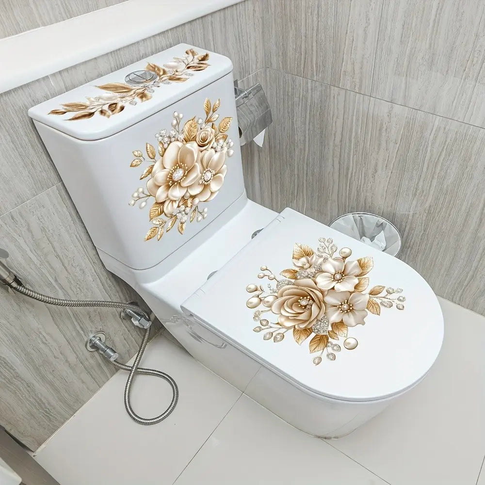 Luxurious Bathroom Toilet Sticker, Floral PVC Self-Adhesive Decorative Sticker, Semi-Matte Effect, Removable Fantasy Design, Bathroom Decoration Accessories, Bathroom House Decor