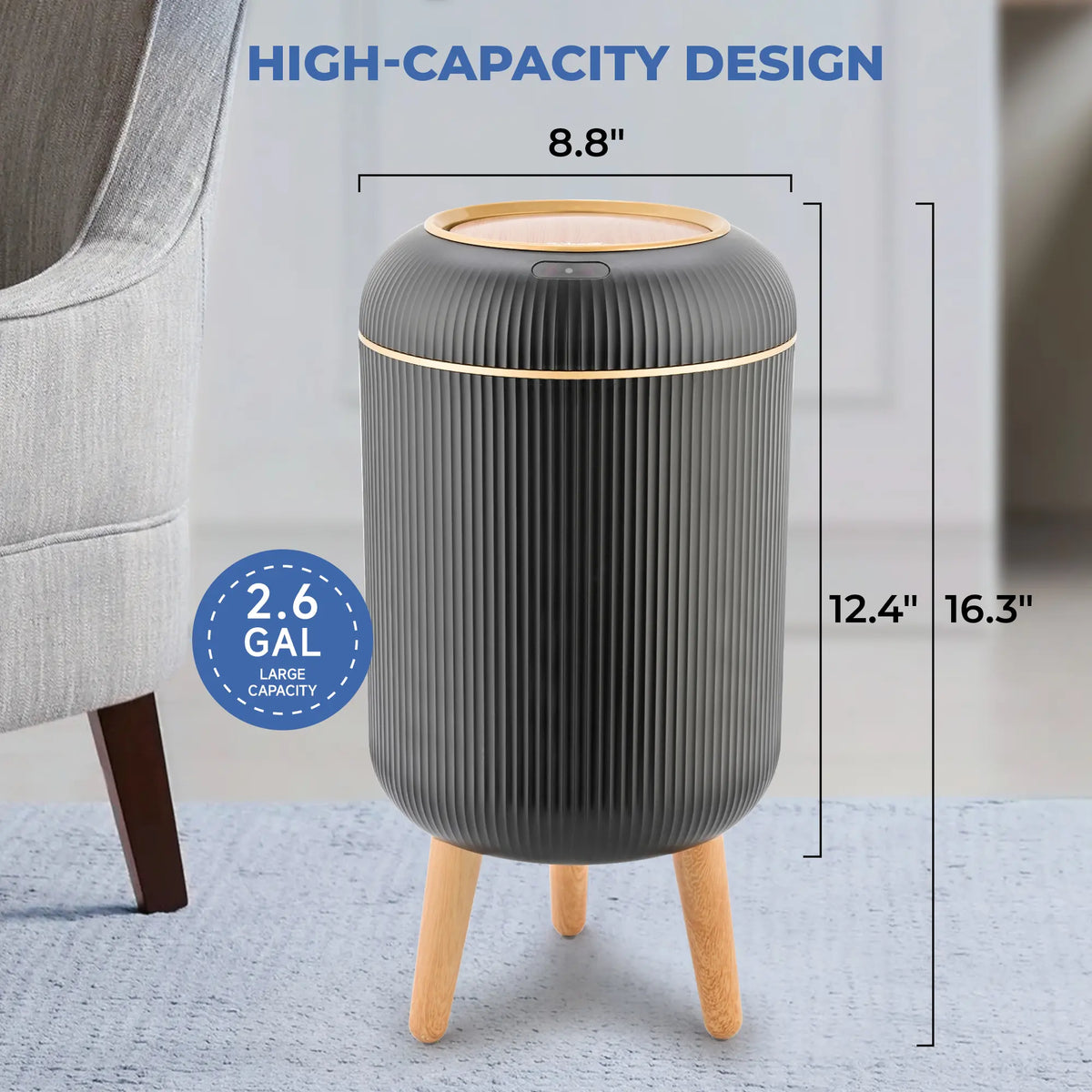 Pukomc PVC Narrow Oval Smart Garbage Can - Touchless Motion Sensor Open Dustbin with 4-Point Steady Base, Waterproof Rinseclean Surface, Modern Slim Bathroom Fit, Kitchen Trashcan for Indoor Use