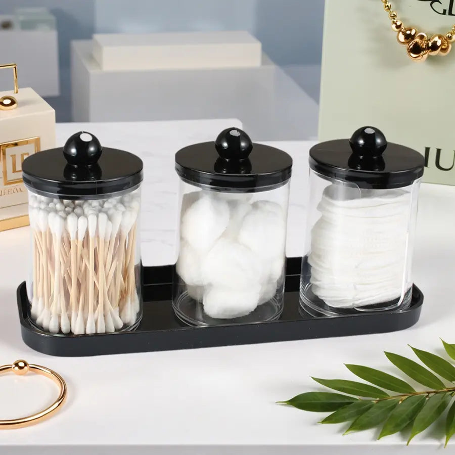 3 Piece Bathroom Cotton Swab Holder Set, Round Cotton Swab Stand with Tray, Medicine Can Storage Box, Tooth Flosser, Cotton Balls, Pads, Bathroom Accessories Organizer, Bathroom Accessory Set, Modern Bathroom Accessories, Restroom Accessories