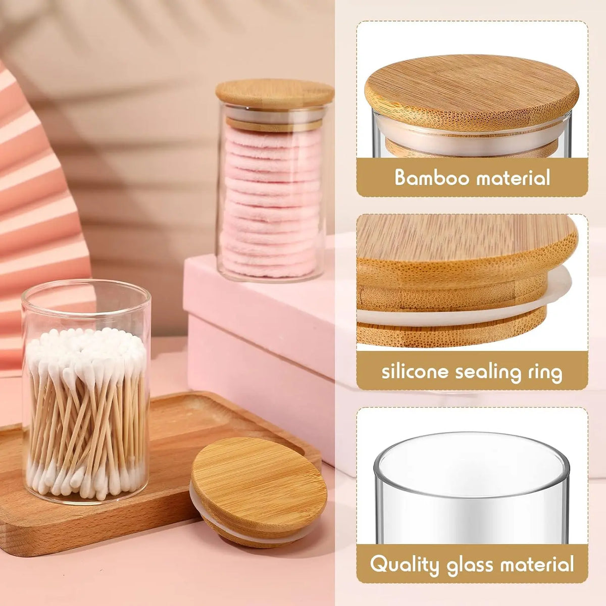 6 Pack Glass  Jars with   Bathroom Accessories  Balls Pads Swabs Holder Jar Bathroom Canisters for  Accessories Storage