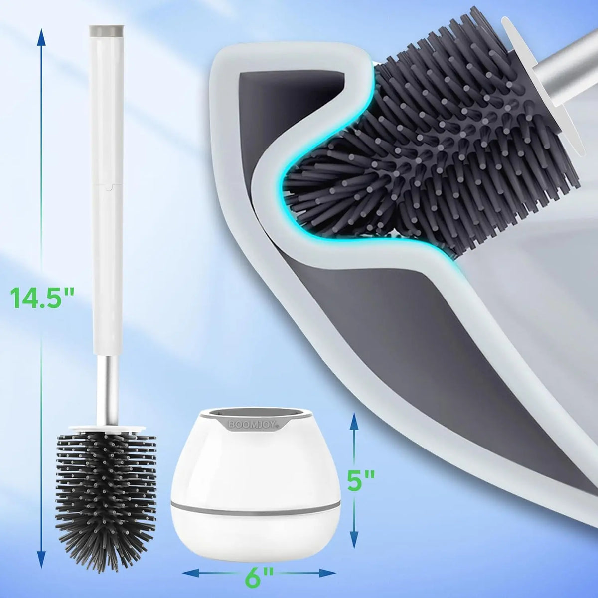 Toilet Brush and Holder Set, Silicone Toilet Bowl Cleaner Brush, Bathroom Cleaning Bowl Kit with Tweezers, Bathroom Accessories with Aluminum Handle - White