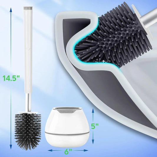 Toilet Brush and Holder Set, Silicone Toilet Bowl Cleaner Brush, Bathroom Cleaning Bowl Kit with Tweezers, Bathroom Accessories with Aluminum Handle - White
