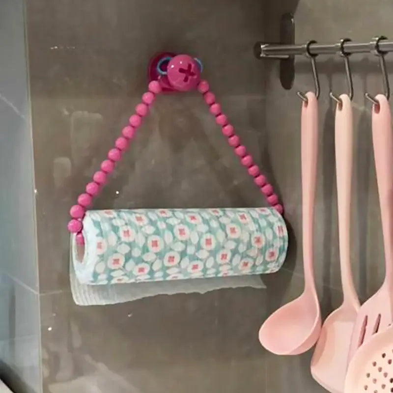 Self-Adhesive Roll Paper Holder, Durable Plastic Bathroom Towel Rack, Pearl Embellished Design, Space-Saving Wall-Mounted Kitchen Organizer, Bathroom Supplies, Plastic Bathroom Gadget