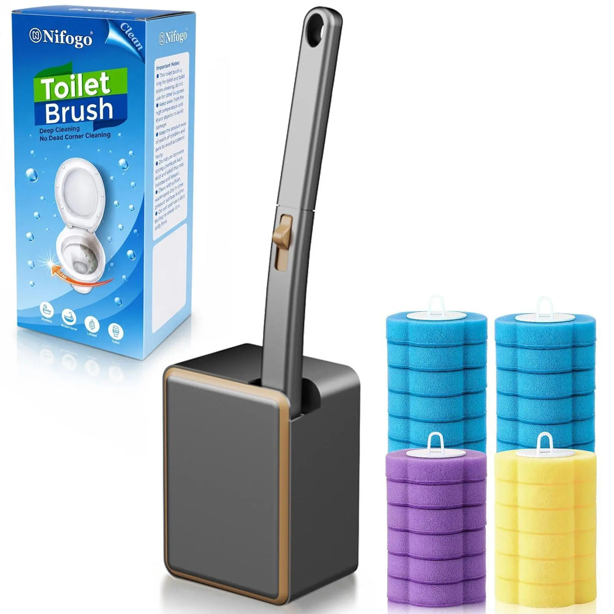 Nifogo Casual ABS Plastic Auto-Flip White Disposable Toilet Brush Holder, Deep-Cleaning Wall-Hanging Bathroom Set with 24 Aromatic Refills, Hygienic Disposal Practical Summer Cleaning Gear