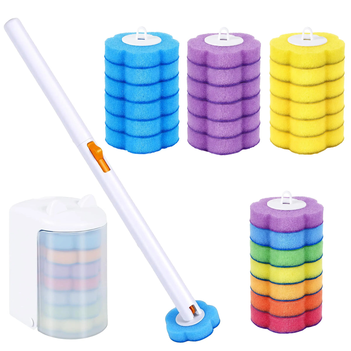 Nifogo Durable Toilet Brush Set with Wall-Mount Holder & 24 Cleaner Refills, Multifunctional Bathroom Toilet Brush & Plungers Kit for Sink, Bathtub Drain Cleaning