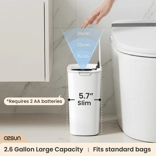 CESUN 2.6 Gal Touchless Trash Bin - Automatic Motion Sensor Plastic White Wastebasket with Lid, Smart Slim Modern Shape for Tight Spaces, Bathroom Accessories, Apartment Accessories