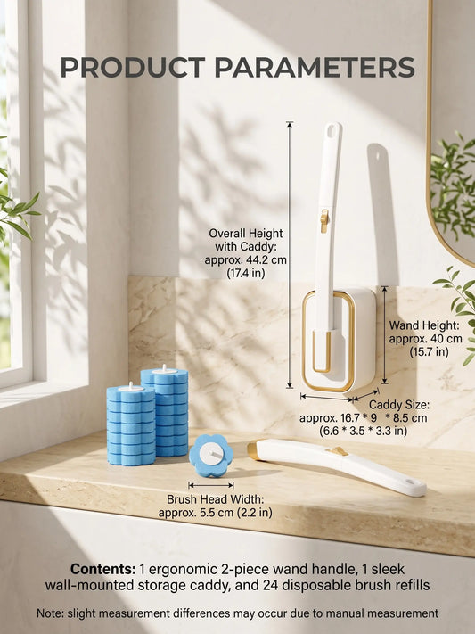 Disposable All-in-2 Toilet Brush Wand Kit with 24 Preloaded Soft Refills, Wall Mount Caddy Box, 360° Rotating Head, Long Handle, Touch-Free Disposal, 3-Layer Deep-Cleaning Sponges, ABS Rust-Stain Lift Cleaner for Daily Bathroom Organized Storage