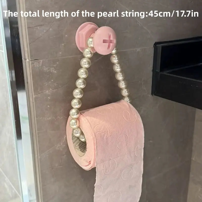 Self-Adhesive Roll Paper Holder, Durable Plastic Bathroom Towel Rack, Pearl Embellished Design, Space-Saving Wall-Mounted Kitchen Organizer, Bathroom Supplies, Plastic Bathroom Gadget