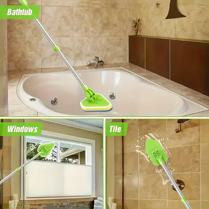 1set Long Handle Shower Cleaning Brush, 2-In-1 Extendable Bathtub and Tile Floor Mop, 3 Sponge Heads & Hard Bristles, Bathroom Kitchen Cleaner Tool, Bathroom Accessory, Multipurpose Brush, Bathroom Scrubber