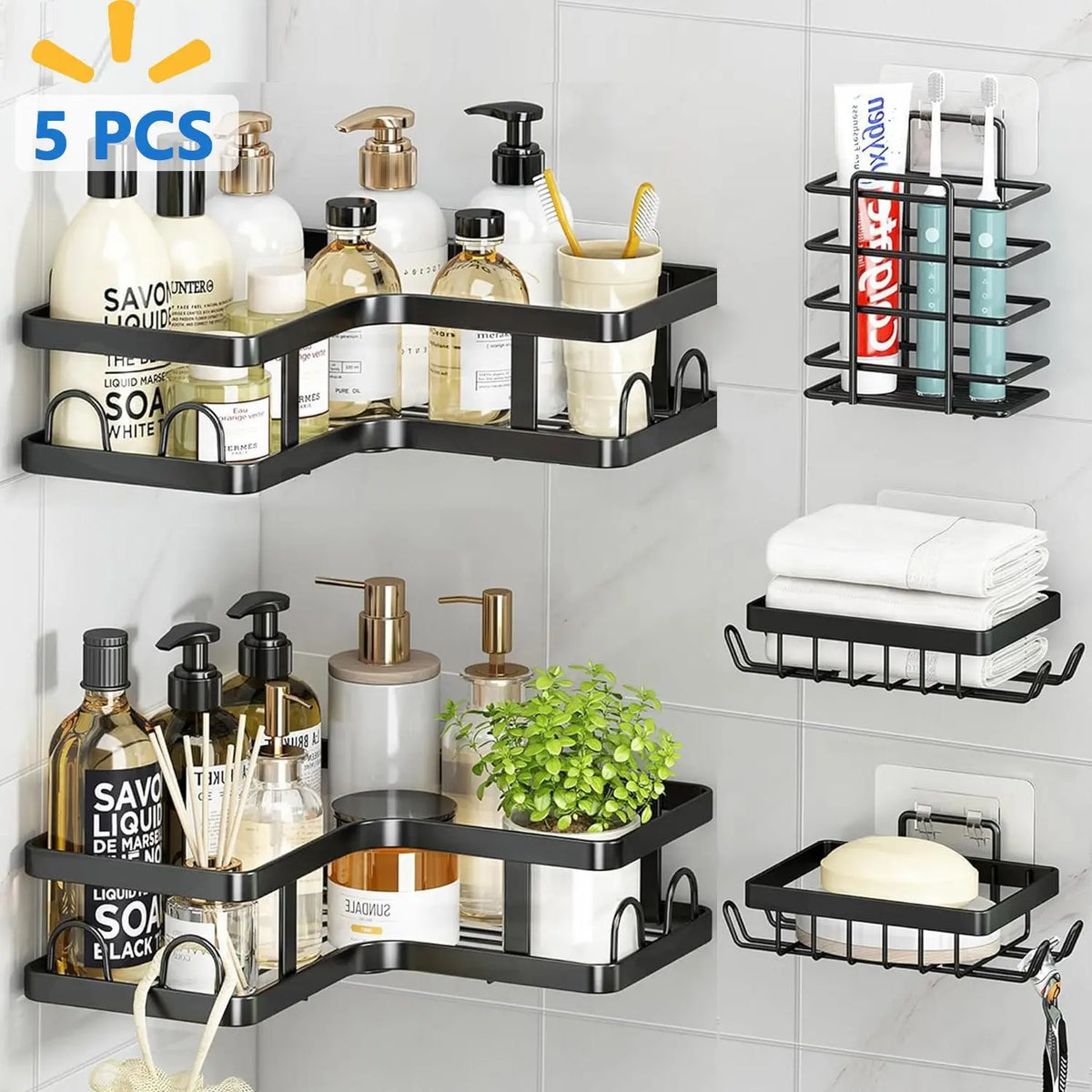 Modern L-Shape Black Stainless Steel Corner Shower Organizer Set - 5-Piece Wall-Mount Bathroom Shelves & Accessories, No-Drill 3-Tiered Racks with Hooks & Toothbrush Holder, Anti-Rust Coating, 40lb Capacity Bathroom Necessities