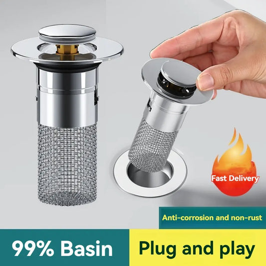 Adjustable Sink Drain Stopper, Press-Down Filter, Anti Clogging Drainage for Bathroom Faucet, Stainless Steel Mesh, Chrome Plated Hair Catcher, Detachable Lid, Bathroom Necessities