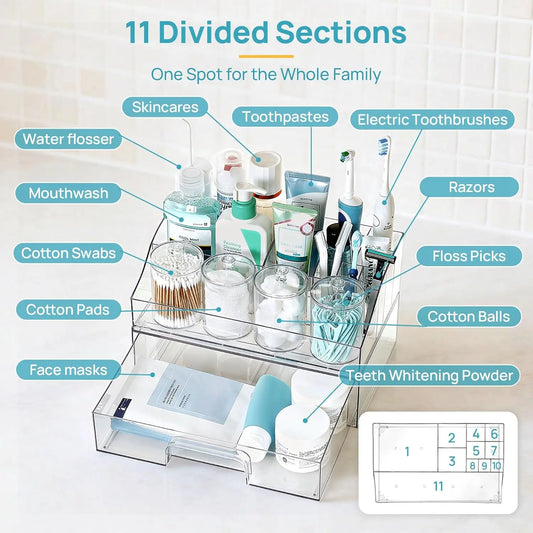 Vtopmart 6PCS Modern Bathroom Vanity Storage Containers - 1 Divided Tray, 4 Qtip Jars, 1 Drawer - Family-Friendly Organizer for Toothbrush, Cotton Pads, Accessories