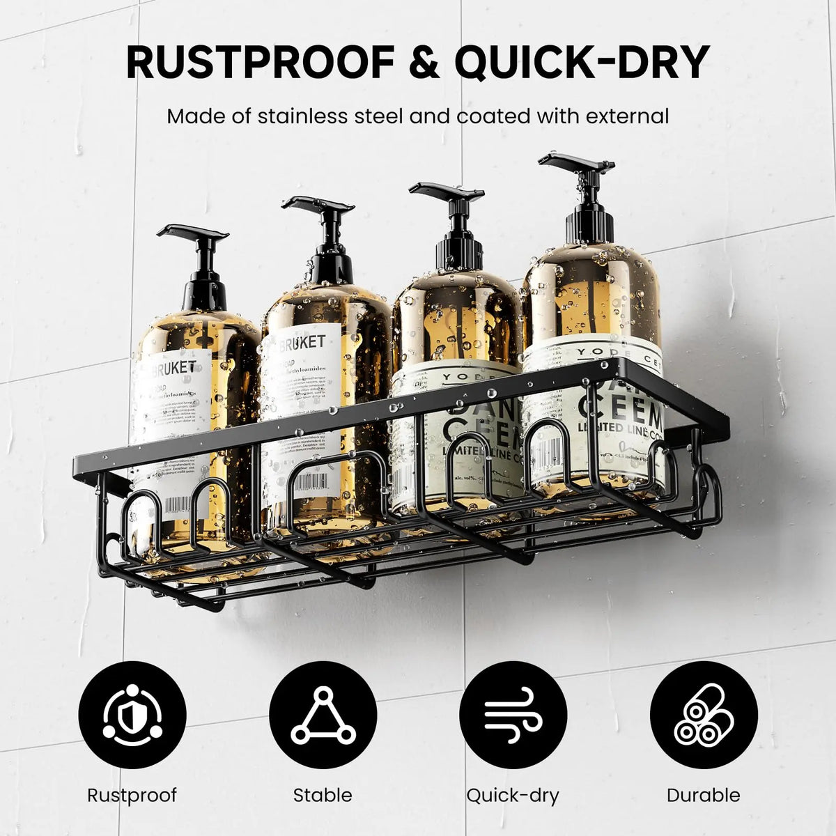 Benazcap Shower Caddy 5 Pack Rustproof Adhesive Bathroom Organizer with Soap Holder No Drilling for Bathtub Room Kitchen Home Storage Shelves Anti-rust Stainless Steel Durable Material Hollow