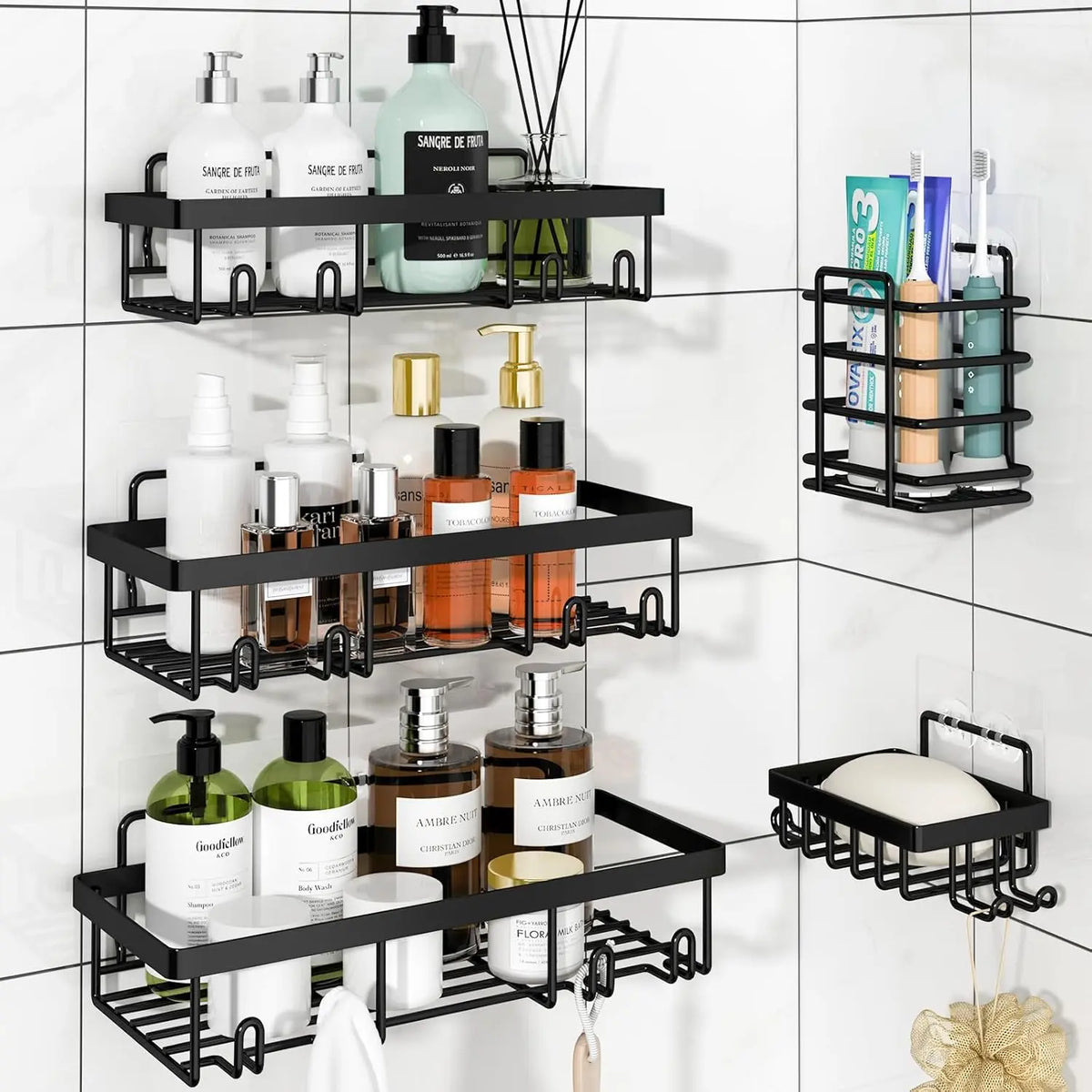 【Fall Essentials】5-Piece Black Stainless Steel Shower Caddy Organizer Set – No Drill Strong Adhesive Rustproof Waterproof Wall Mount | Floating Shelves Soap Dish Toothbrush Shampoo Holder | Aesthetic Cozy Home Renter Friendly Bathroom Upgrade Must Have,so