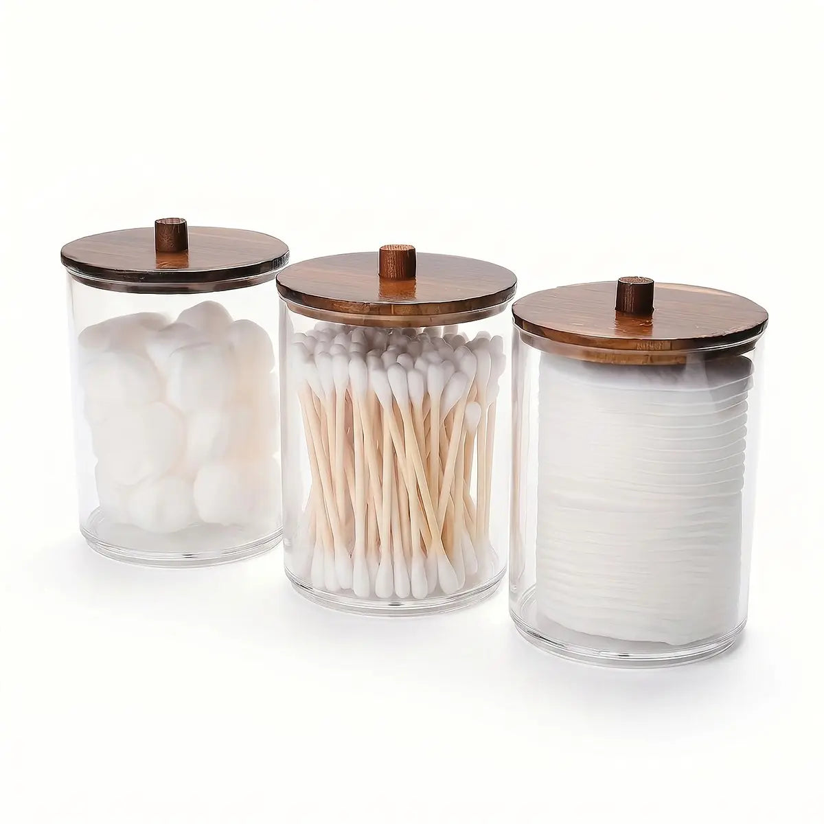 3 pcs Cotton Swab Holders, 10oz Bathroom Storage Box, Organizer Transparent Plastic Jar with Wooden Lid, Bathroom Accessory, Ideal for Cotton Balls, Swabs, Floss