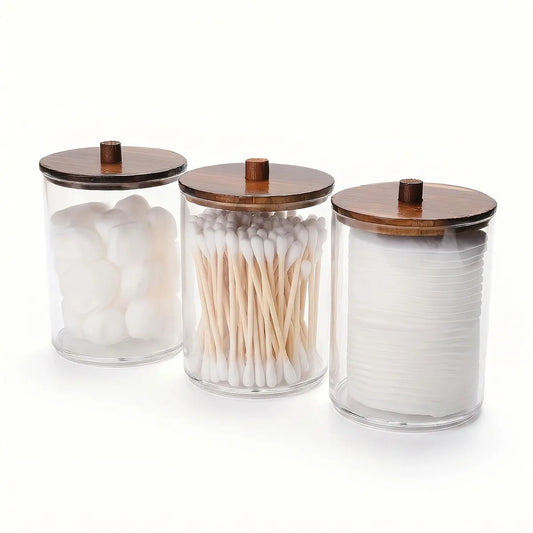 3 pcs Cotton Swab Holders, 10oz Bathroom Storage Box, Organizer Transparent Plastic Jar with Wooden Lid, Bathroom Accessory, Ideal for Cotton Balls, Swabs, Floss