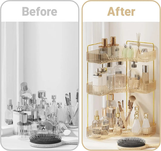 A space-saving 2/3 floor vanity corner organizer, a luxurious gold cosmetic storage rack, multi-level bathroom countertop storage, suitable for lotions, creams and other makeup tools. multi-layer beauty holder lipstick supply brush compact wristwatch