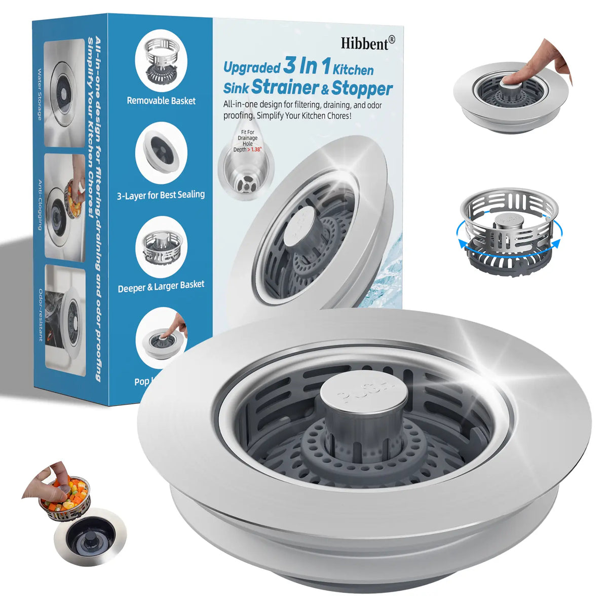 Hibbent Upgraded 3 in 1 Kitchen Sink Drain Strainer, Stainless Steel Pop Up Sink Stopper, Larger Anti-Clogging Basket, 3-Layer Seal, Detachable Drain Plug for US Standard 3-1/2" Drain, Matte Black, Fast Drains, Larger Basket