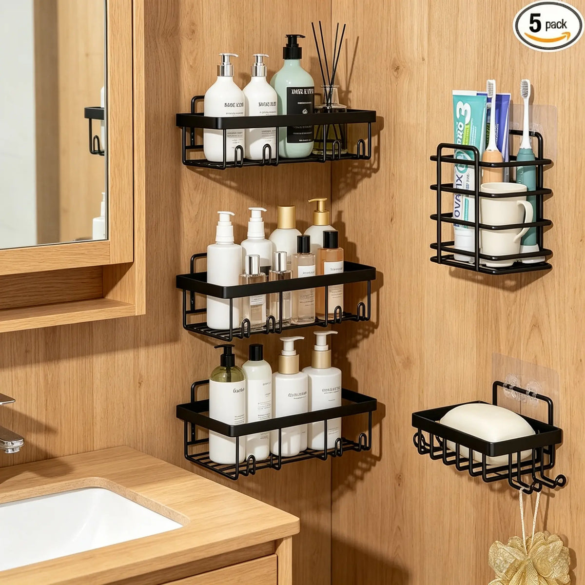 5-Pack Rustproof Stainless Steel Shower Organizer - Adhesive Wall-Mount Bathroom Accessories Organizer Rack Shelf with Adhesive Tape, Modern Storage Basket for Shampoo, Stylish & Durable Bathroom Gadget