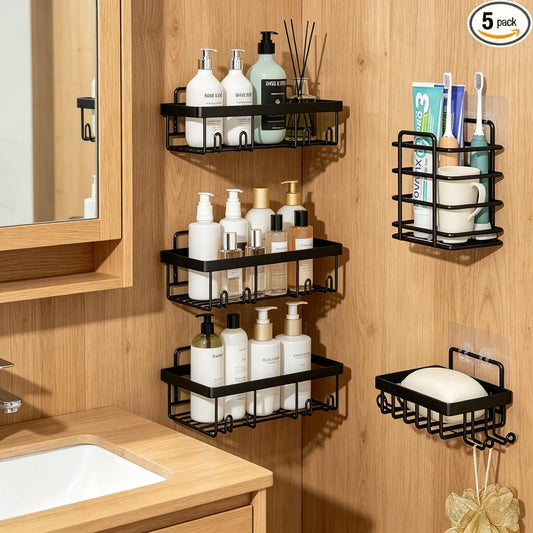 5-Pack Rustproof Stainless Steel Shower Organizer - Adhesive Wall-Mount Bathroom Accessories Organizer Rack Shelf with Adhesive Tape, Modern Storage Basket for Shampoo, Stylish & Durable Bathroom Gadget