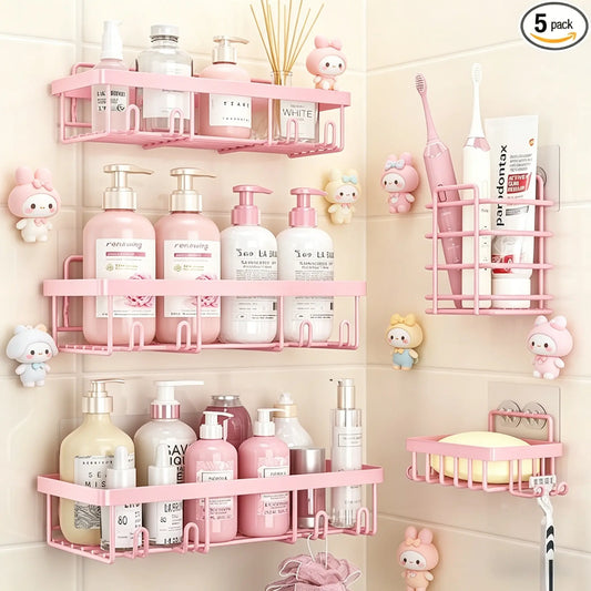 5-Pack Rustproof Stainless Steel Shower Organizer - Adhesive Wall-Mount Bathroom Accessories Organizer Rack Shelf with Adhesive Tape, Modern Storage Basket for Shampoo, Stylish & Durable Bathroom Gadget