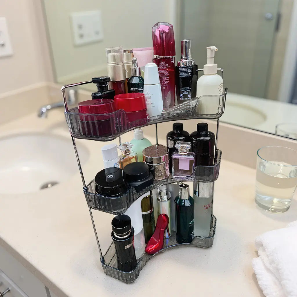 3-Tier Plastic-Metal Corner Bathroom Counter Organizer - Bathroom Organizing Accessories for Vanity, Kitchen Spice Storage, Cosmetics, with Quick Access Shelves & Easy Smooth Dry Cloth Wipe Cleaning