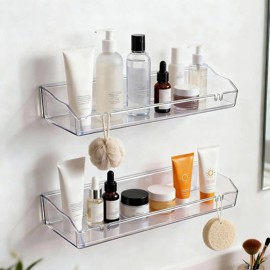 Transparent Waterproof PVC-Free Acrylic Floating Shelves - Wall-Mounted Vertical Plastic Space-Savers, Damage-Free Adhesive/Screw Installation for Indoor Renters' Bathroom, Kitchen Minimalist Home Decor