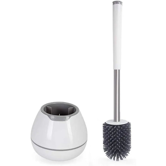 Toilet Brush and Holder Set, Silicone Toilet Bowl Cleaner Brush, Bathroom Cleaning Bowl Kit with Tweezers, Bathroom Accessories with Aluminum Handle - White