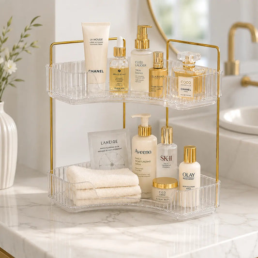 2-Tier Plastic Corner Shelf Organizer, Bathroom Caddy Organizer with Double Tier Corner Structure, 2 Levels for Beauty Storage Solutions, Home Organization Storage for Bathroom, Kitchen