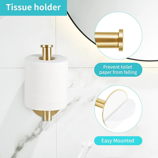 Self Adhesive Toilet Paper Holder, SUS304 Stainless Steel Rustproof Toilet Roll Holder No Drilling Adhesive Toilet Tissue Holder for Bathroom Kitchen (1, Golden)