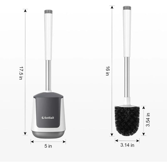Toilet Brush and Holder, Self Closing Lid Toilet Bowl Brushes Holder and Extra Long Handle Ventilated Toilet Brush Set for Bathroom Cleaning, Nylon Bristles, White & Grey