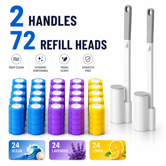 2-Pack Traditional Plastic Disposable Floor-Type Toilet Brush Set with 72 Fresh Swap Replaceable Sponge Heads - 360° Deep Cleaning Tool for Multi-Bath Users, Hygienic No-Mess Cleaner with Ocean/Lavender/Lemon Scents