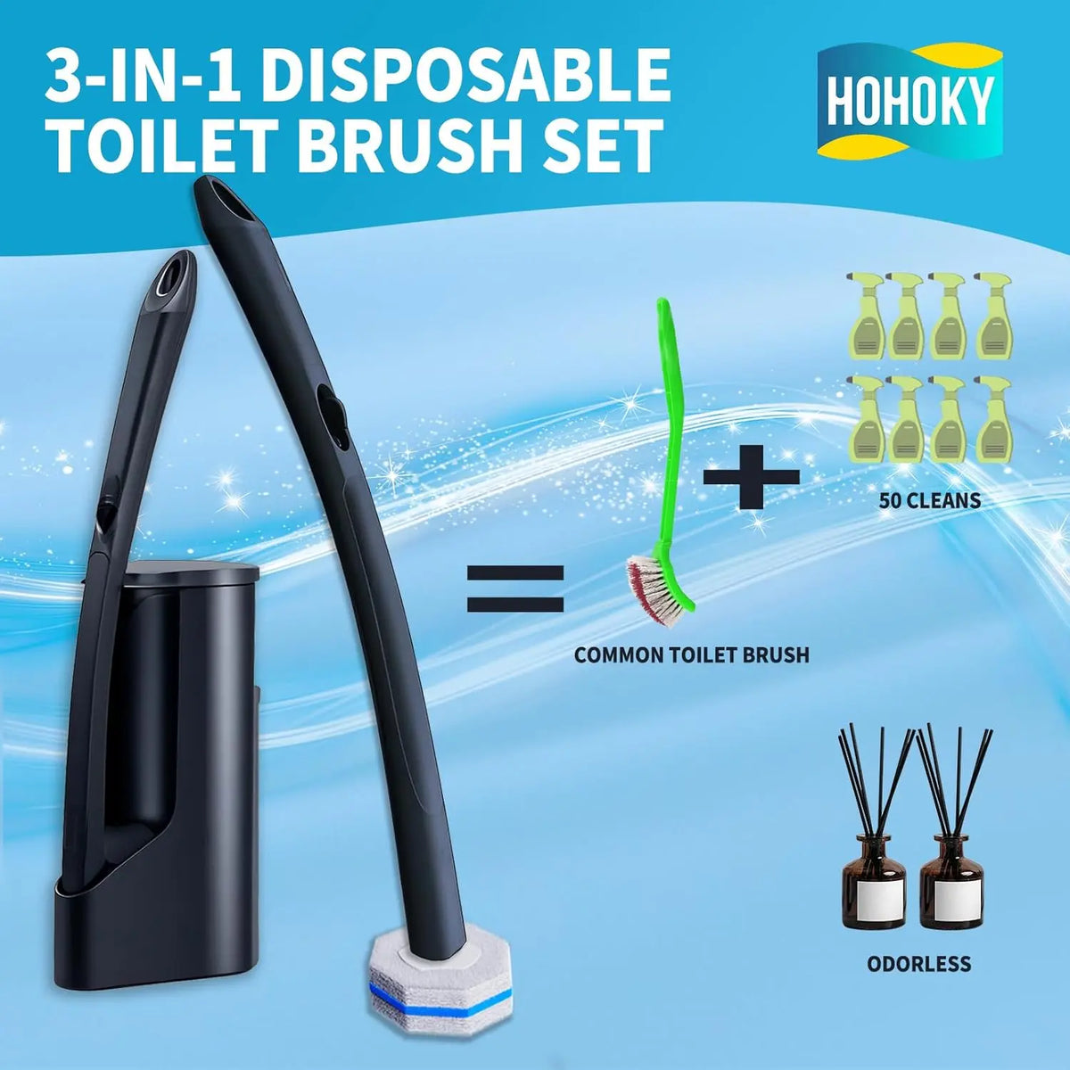 Complete Bathroom Cleaning System Starter Kit with 50 Wand Cleaner Refills Pads, Wall Mounted Toilet Bowl Holder Set, Disposable Scrubbing Tool for Sink Bathtub Wash Basin